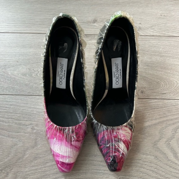 Off-White X Jimmy Choo Pink White Floral Satin Heels Plastic Overlay Size 37 - Picture 11 of 11